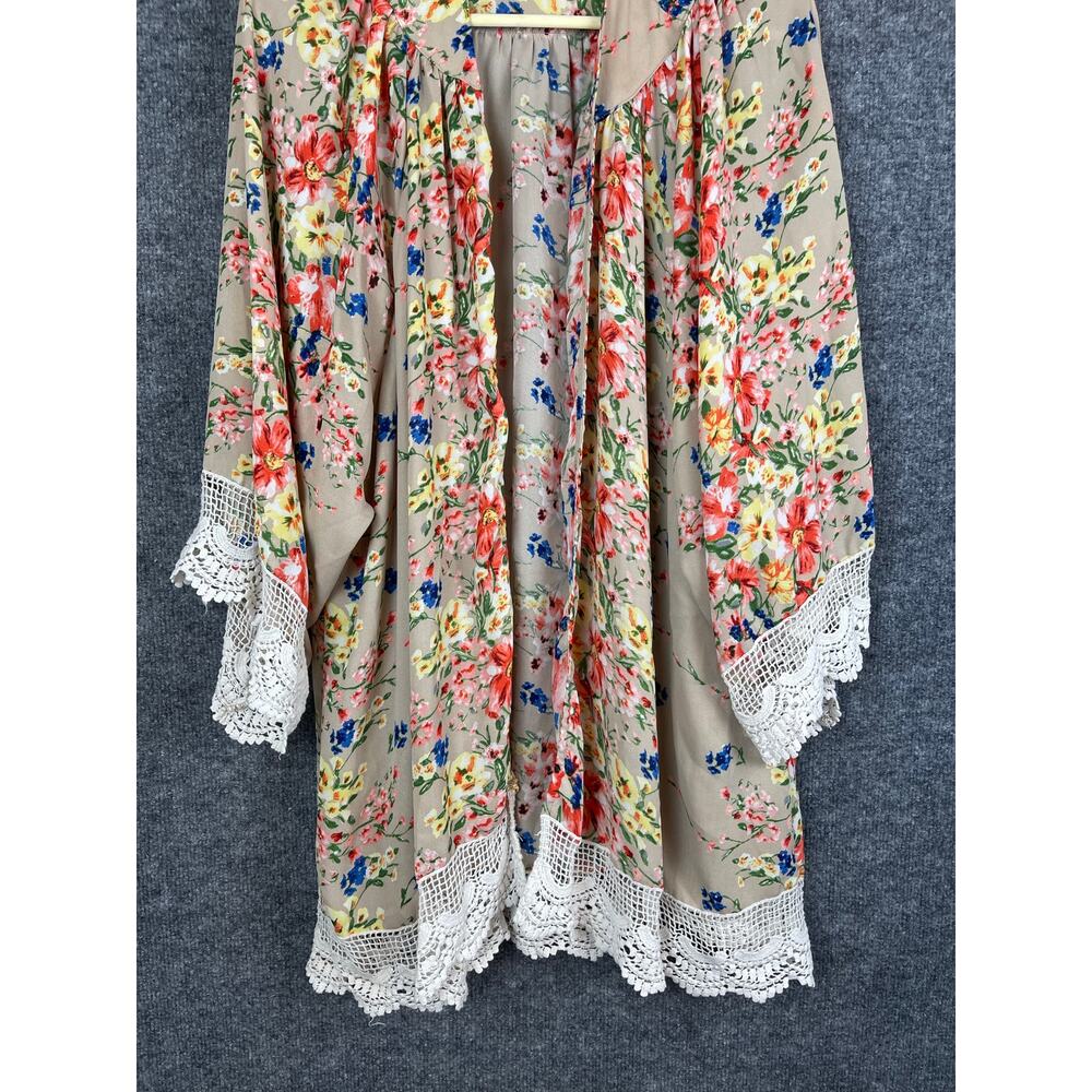 Umgee Tan Floral Lace Trimmed Kimono/ M/L Multi Colors - Picture 3 of 9